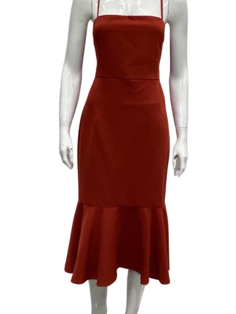 Burnt Orange Two Sisters Square-Neck Fitted Midi Dress with Flounce Hem